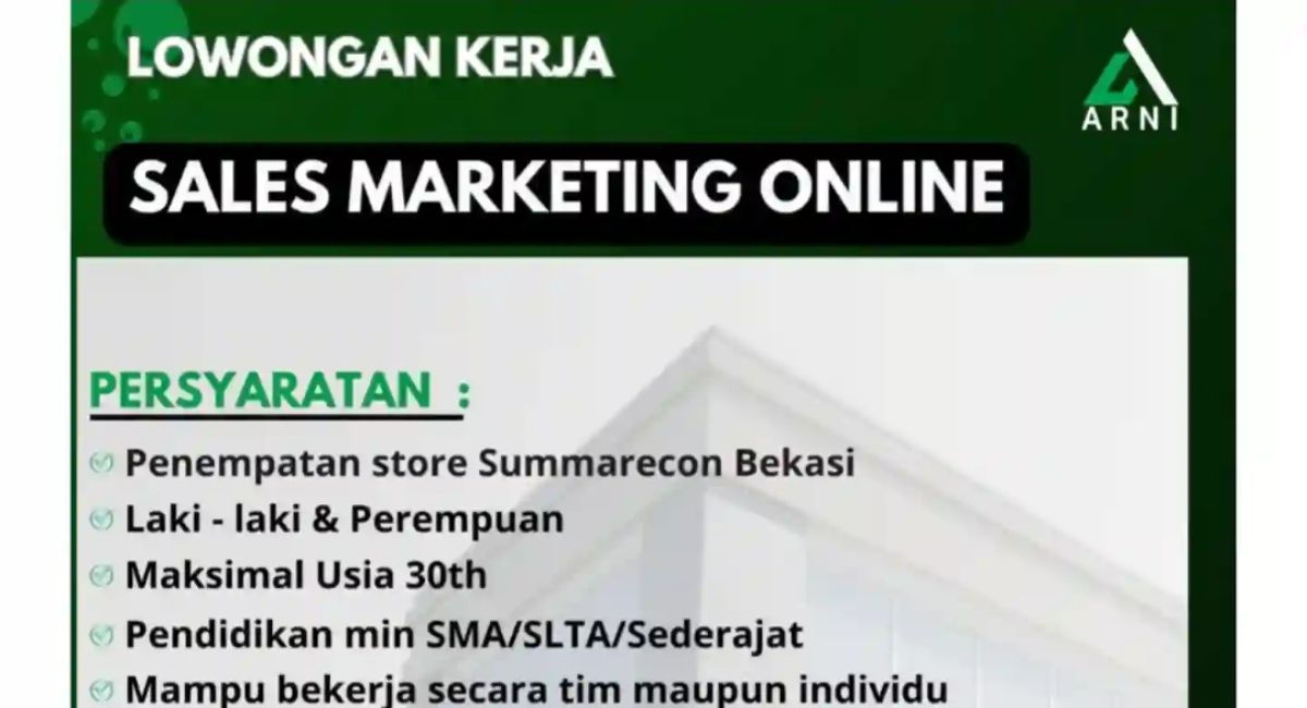 Tanpa Gelar Sarjana! Arni Floor Bekasi Buka Lowongan Sales Marketing Online untuk Lulusan SMA, Cek Cara Lamarnya